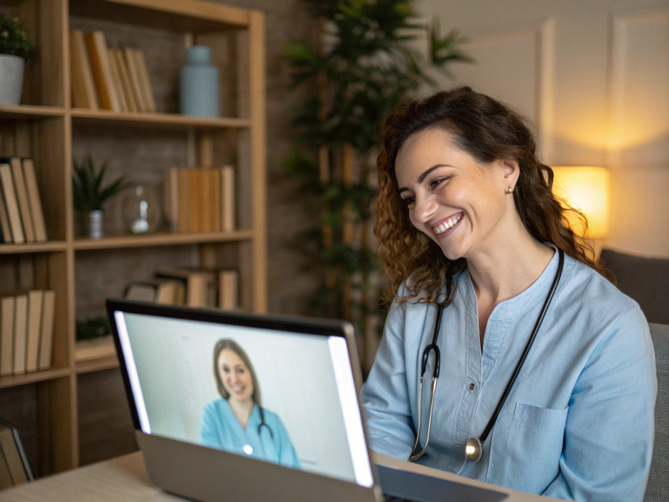 Adult consulting peacefully from home via telehealth session