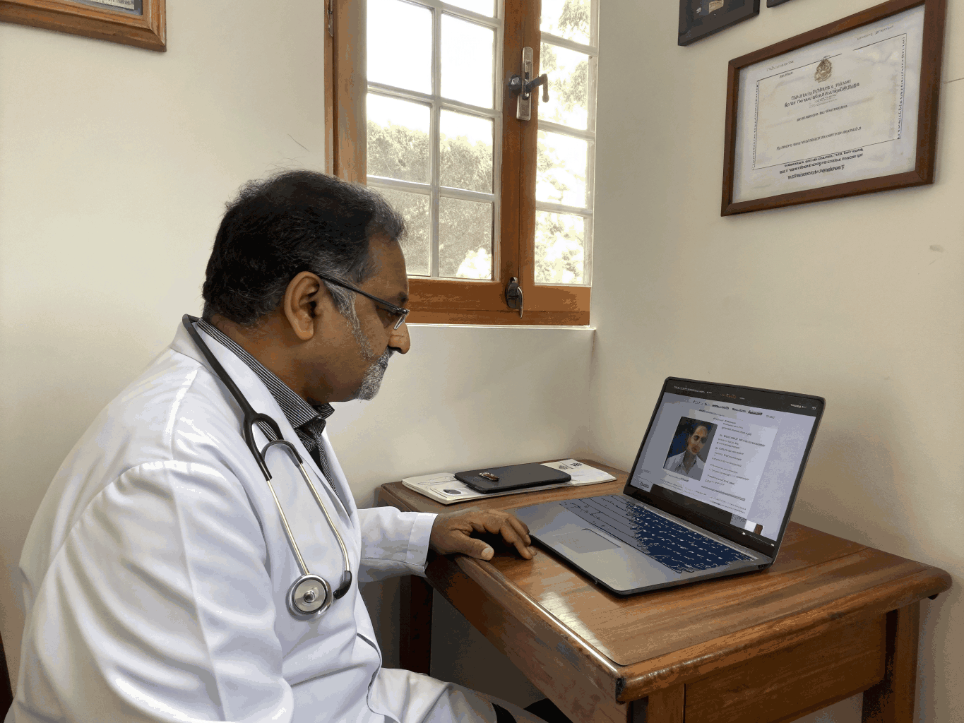 Adult patient attending a private video appointment from a quiet home workspace