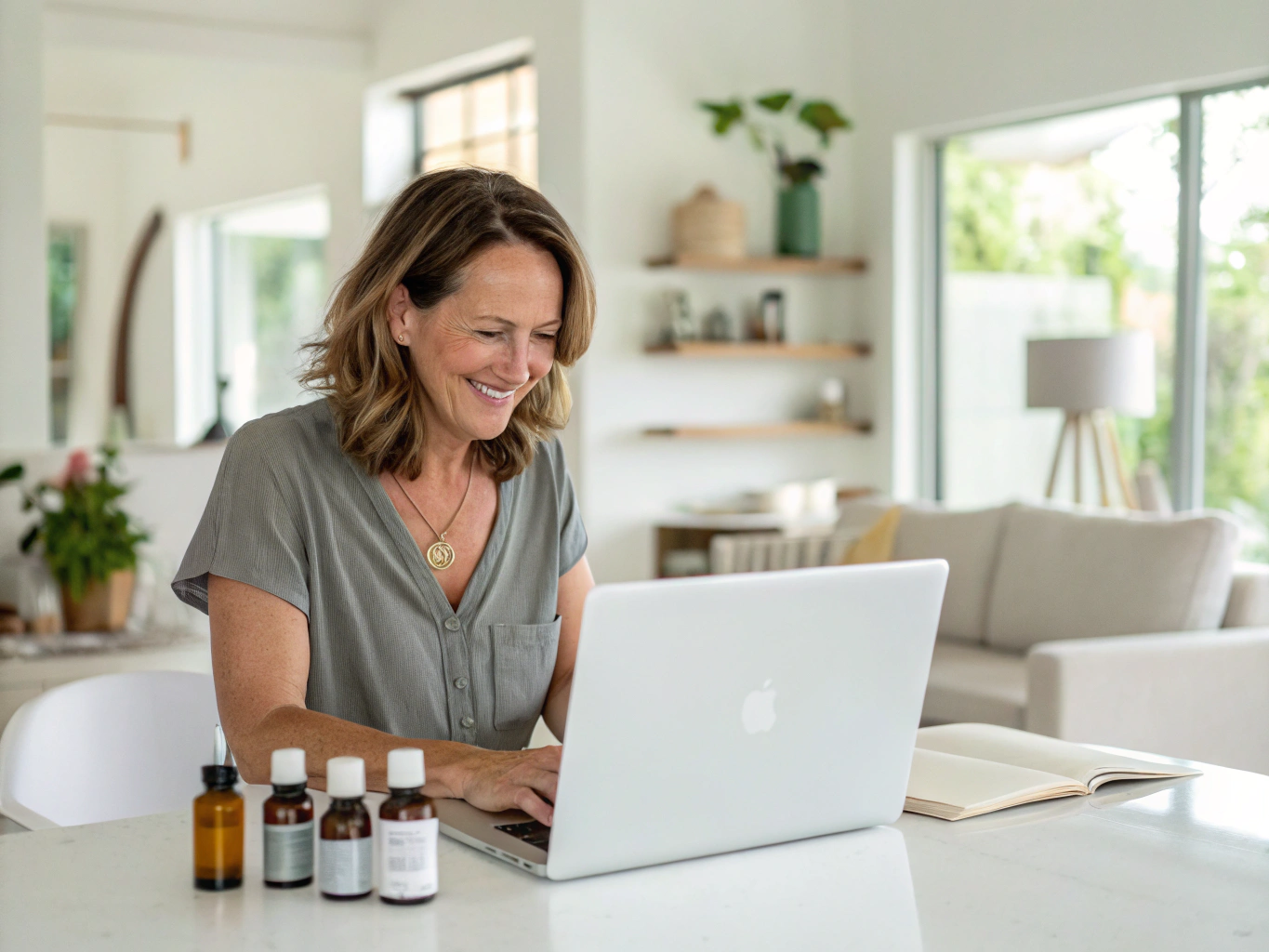 Adult patient attending a private video appointment from a home workspace